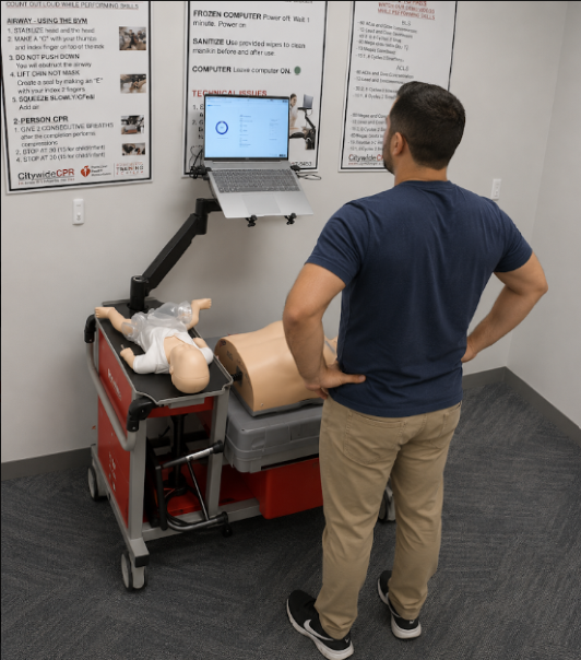 Healthcare professional preparing for an ACLS skills session at a Citywide CPR Verification Station.