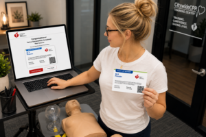 Healthcare professional receiving an American Heart Association BLS Provider eCard after completing CPR certification at Citywide CPR.