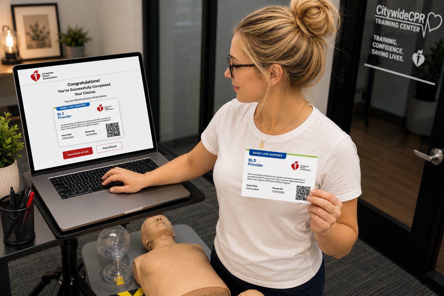 Healthcare professional receiving an American Heart Association BLS Provider eCard after completing CPR certification at Citywide CPR.
