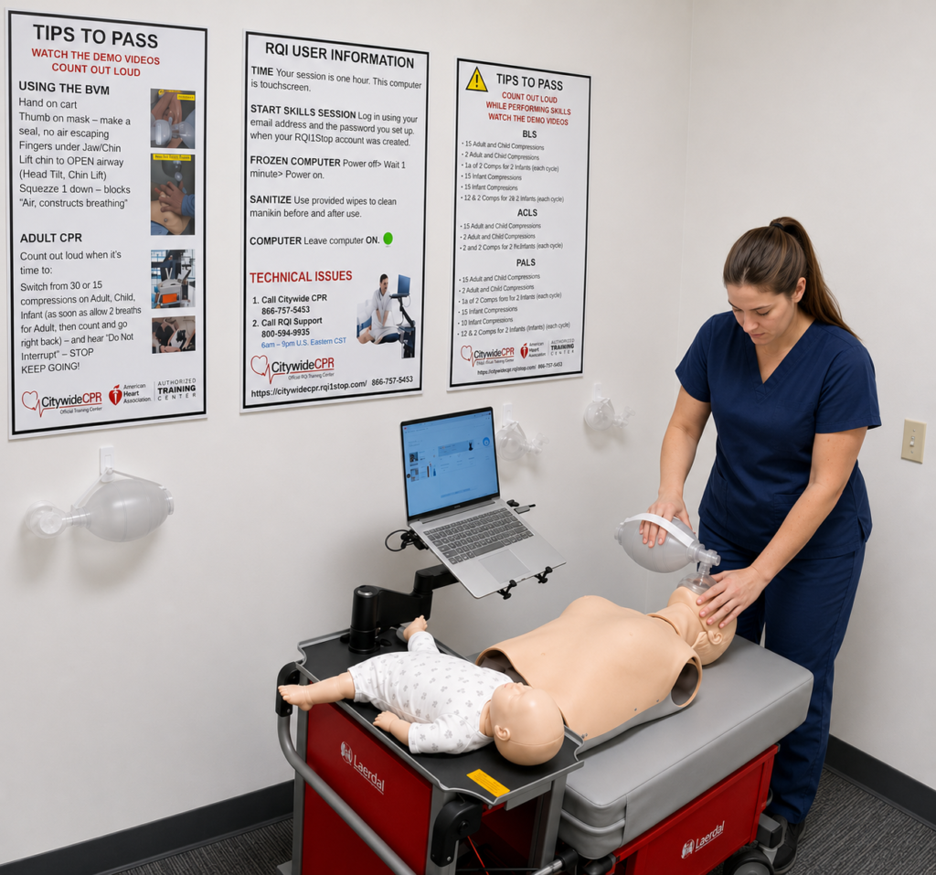 Participant performing bag-valve-mask ventilation on an adult CPR manikin during American Heart Association BLS skills training at the Citywide CPR simulation station in Akron, Ohio.