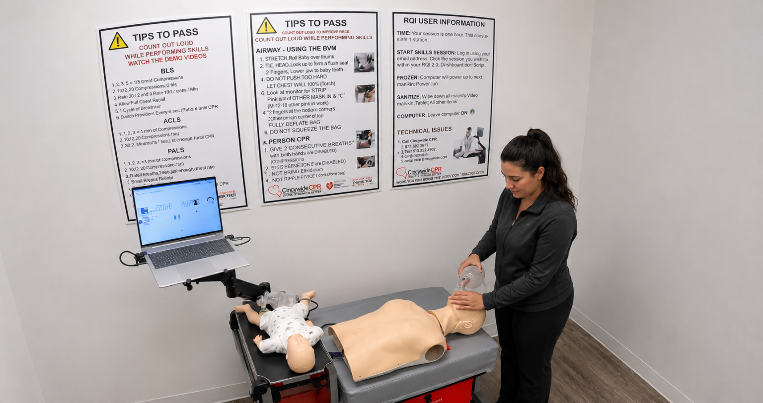 Participant providing bag-valve-mask ventilation to an adult CPR manikin at a Citywide CPR simulation station in Atlanta, Georgia, with an infant manikin and laptop visible.