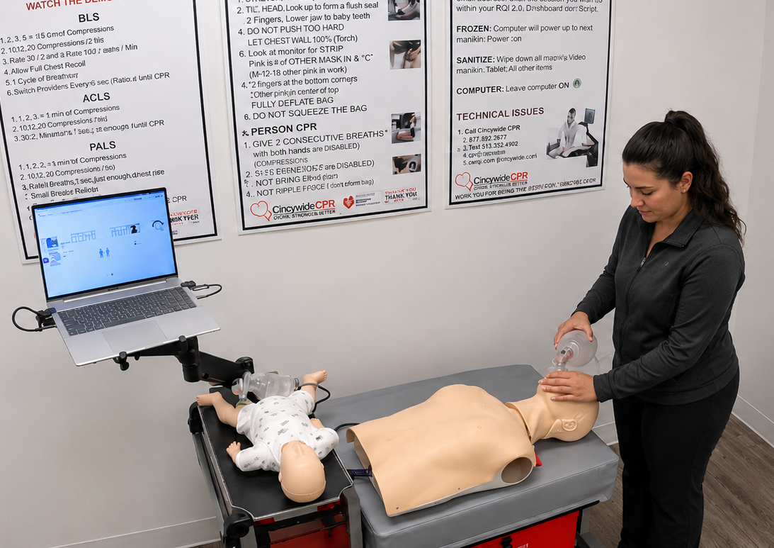 Participant providing bag-valve-mask ventilation to an adult CPR manikin at a Citywide CPR simulation station in Atlanta, Georgia, with an infant manikin and laptop visible.