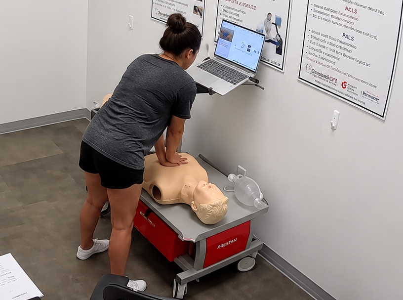 Participant performing chest compressions on an adult CPR manikin at a Citywide CPR training station in Dayton, Ohio, with a laptop and CPR training equipment visible.