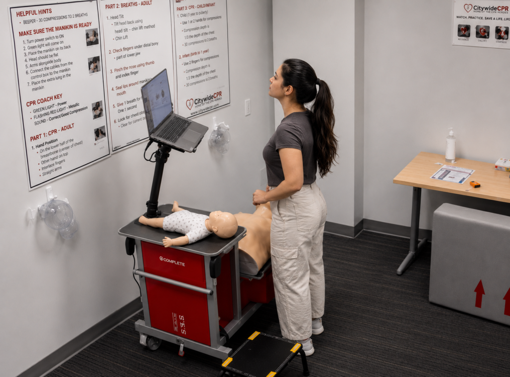 Participant standing beside an adult CPR manikin at a Citywide CPR training station in Downtown New York, New York, with an infant CPR manikin wearing a white onesie and a laptop visible.
