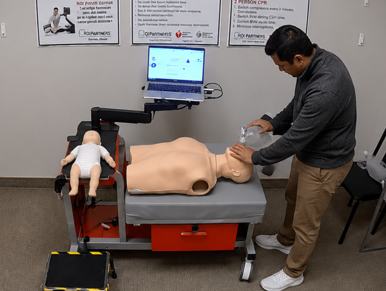 Participant providing bag-valve-mask ventilation to an adult CPR manikin at a Citywide CPR training station in Gurnee, Illinois, with an infant CPR manikin wearing a white onesie and a laptop visible.