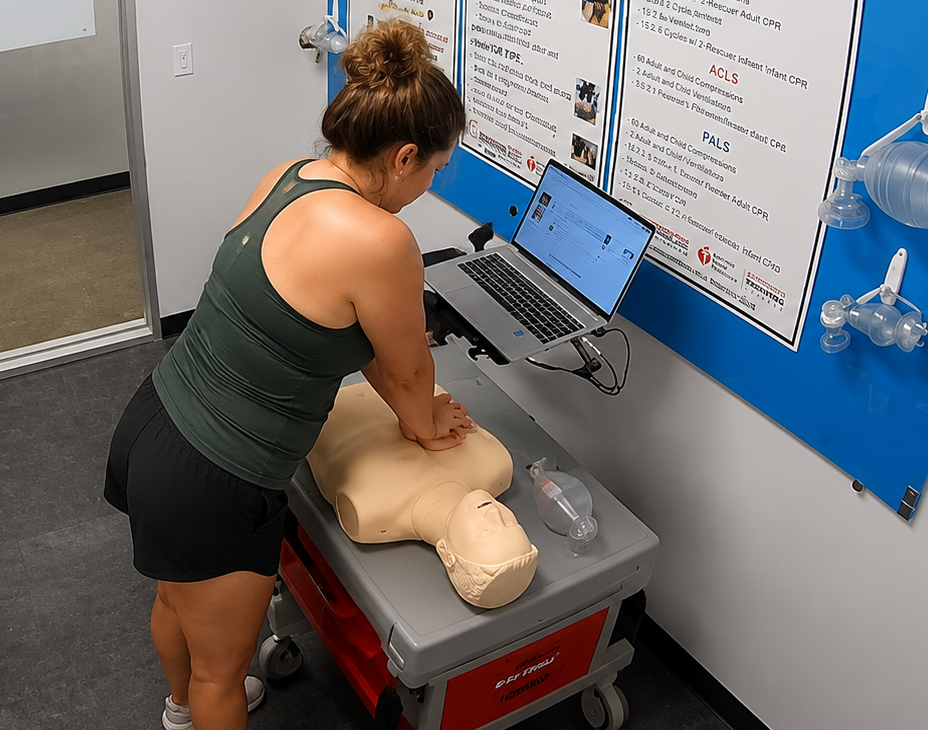 Participant performing chest compressions on an adult CPR manikin at a Citywide CPR training station in Madison, Wisconsin, with a laptop and airway equipment visible.