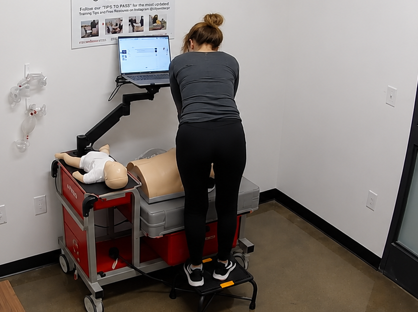 Participant standing on a step stool while performing chest compressions on an adult CPR manikin at a Citywide CPR training station in Malden, Massachusetts, with an infant CPR manikin and laptop visible.