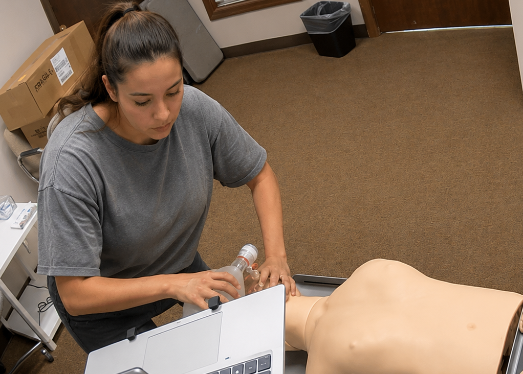 Participant providing bag-valve-mask ventilation to an adult CPR manikin at a Citywide CPR training station in Mount Prospect, Illinois, with an infant CPR manikin wearing a white onesie and a laptop visible.
