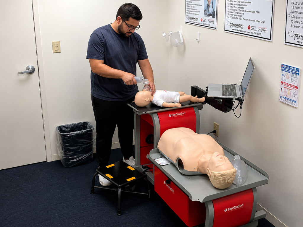 Participant providing bag-valve-mask ventilation to an infant CPR manikin wearing a white onesie at a Citywide CPR training station in Peoria, Illinois, with an adult CPR manikin and laptop visible.