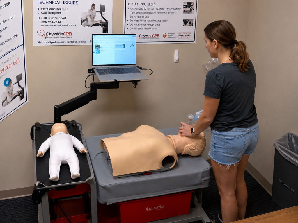 Participant providing bag-valve-mask ventilation to an adult CPR manikin at a Citywide CPR training station in Raleigh, North Carolina, with an infant CPR manikin wearing a white onesie and a laptop visible.