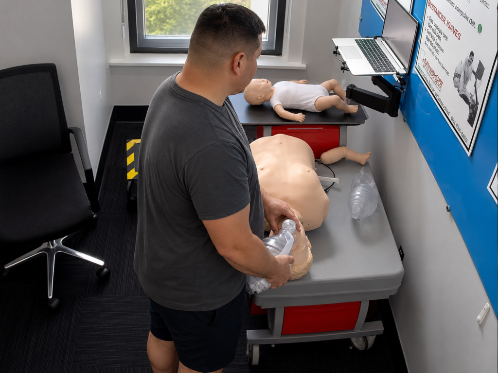 Participant providing bag-valve-mask ventilation to an adult CPR manikin at a Citywide CPR training station in Richmond, Virginia, with an infant CPR manikin wearing a white onesie and a laptop visible.