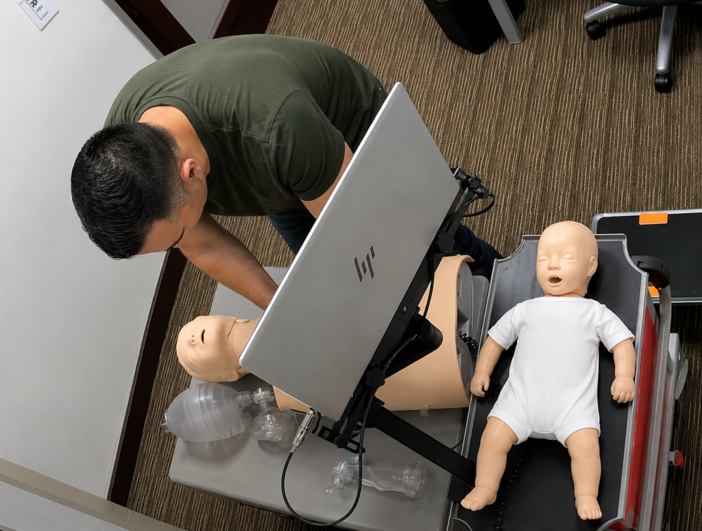 Participant leaning over an adult CPR manikin at a Citywide CPR training station in Saint Paul, Minnesota, with a laptop and an infant CPR manikin wearing a white onesie visible.