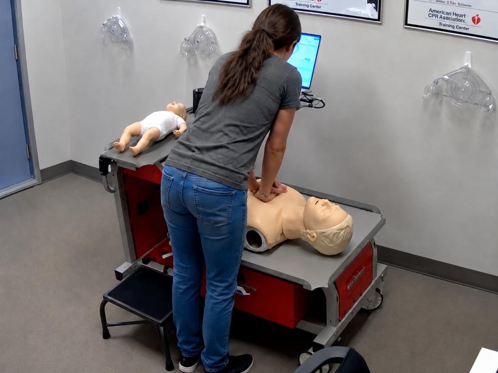 Participant performing chest compressions on an adult CPR manikin at a computer-guided training station with an infant CPR manikin wearing a white onesie nearby.
