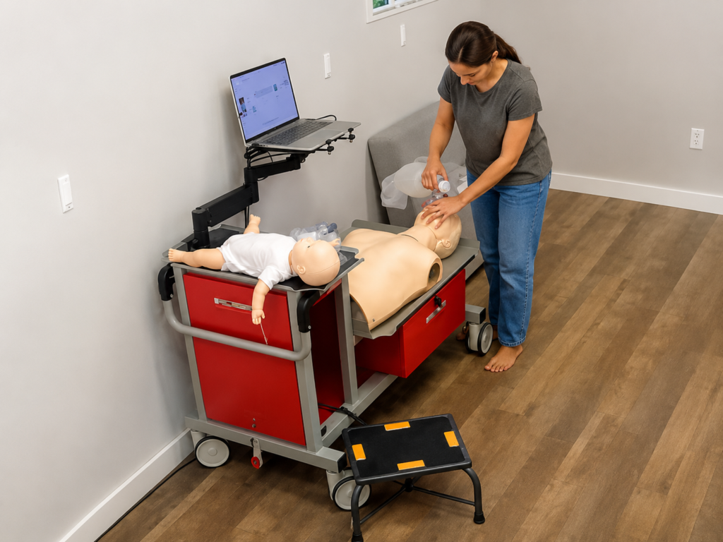 Participant providing bag-valve-mask ventilation to an adult CPR manikin at a computer-guided training station with an infant CPR manikin wearing a white onesie nearby.