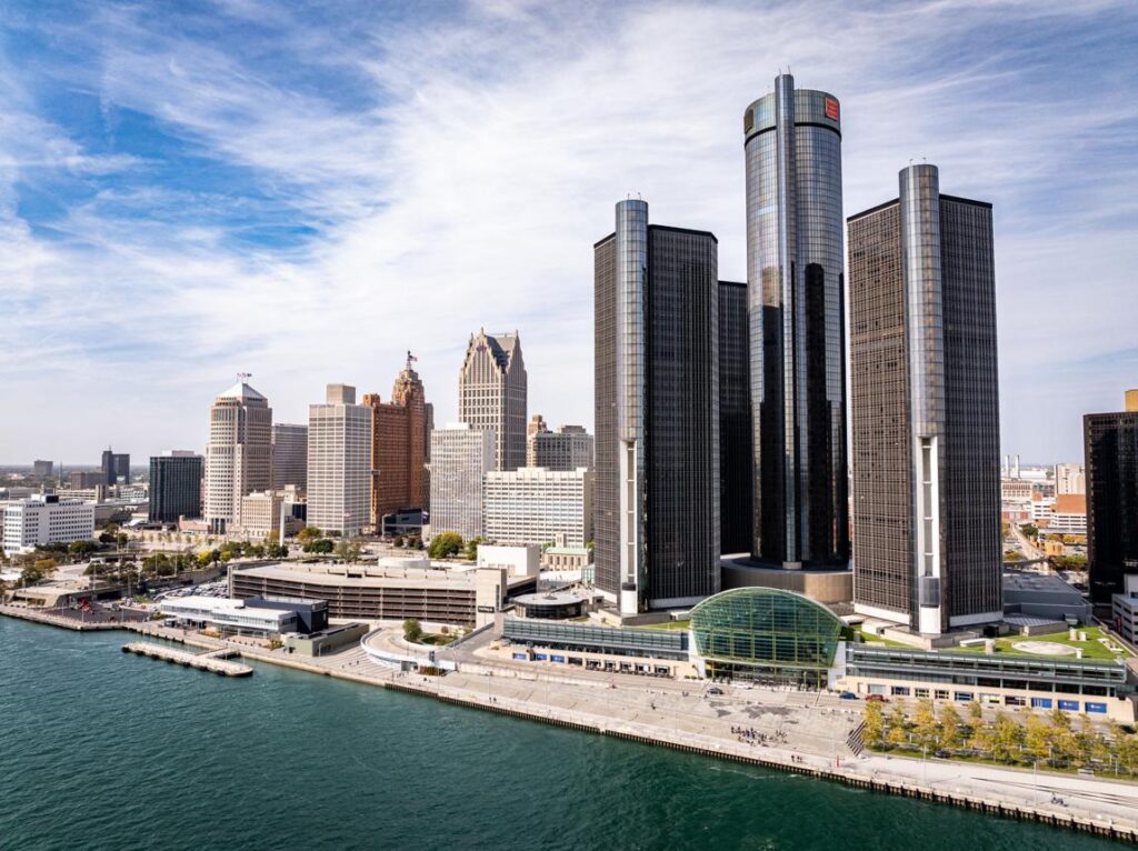 Detroit skyline featuring the Renaissance Center in Detroit, Michigan near Citywide CPR offering official American Heart Association BLS, ACLS, and PALS certification.