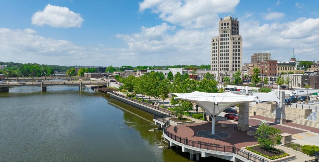 Kimball Street Bridge over the Fox River in Elgin, Illinois near Citywide CPR offering official American Heart Association BLS, ACLS, and PALS certification.