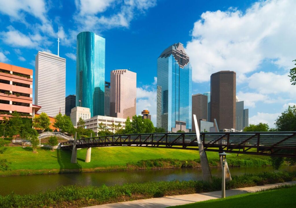 Houston skyline from Buffalo Bayou Park in Houston, Texas near Citywide CPR offering official American Heart Association BLS, ACLS, and PALS certification.