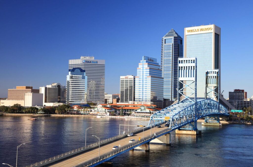 Main Street Bridge and downtown Jacksonville, Florida near Citywide CPR offering official American Heart Association BLS, ACLS, and PALS certification.