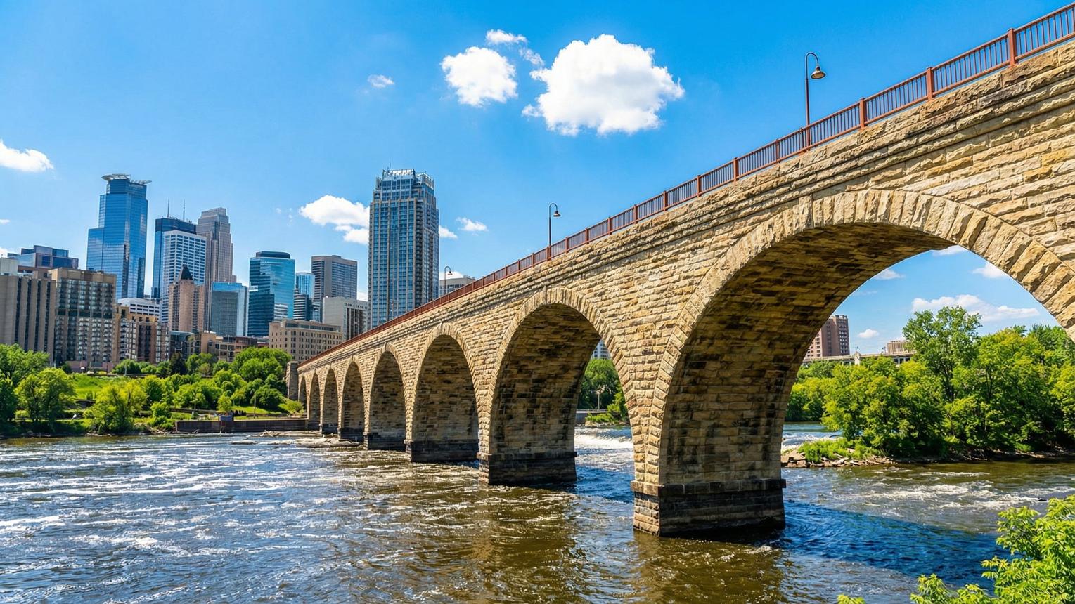 Stone Arch Bridge and downtown Minneapolis, Minnesota near Citywide CPR offering official American Heart Association BLS, ACLS, and PALS certification.