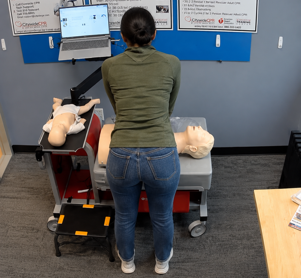 Participant performing chest compressions on an adult CPR manikin at a Citywide CPR training station in Albany, New York, with an infant CPR manikin wearing a white onesie and a laptop visible.