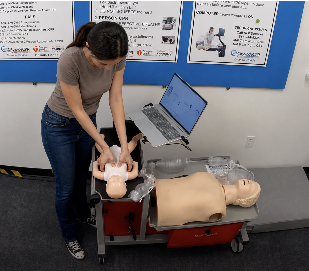 Healthcare professional completing a Self-Guided PALS skills session at a CPR Verification Station