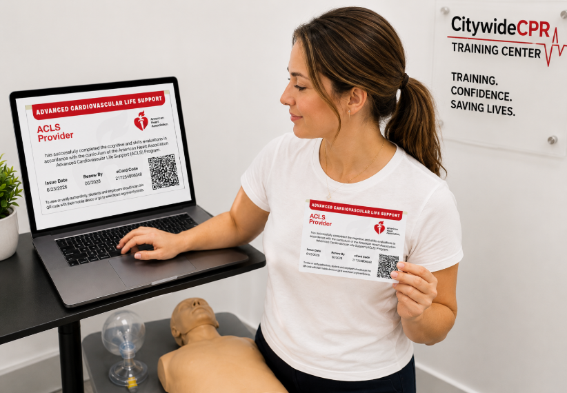 Healthcare professional completing an ACLS Self-Guided Skills Session at a CPR Verification Station.