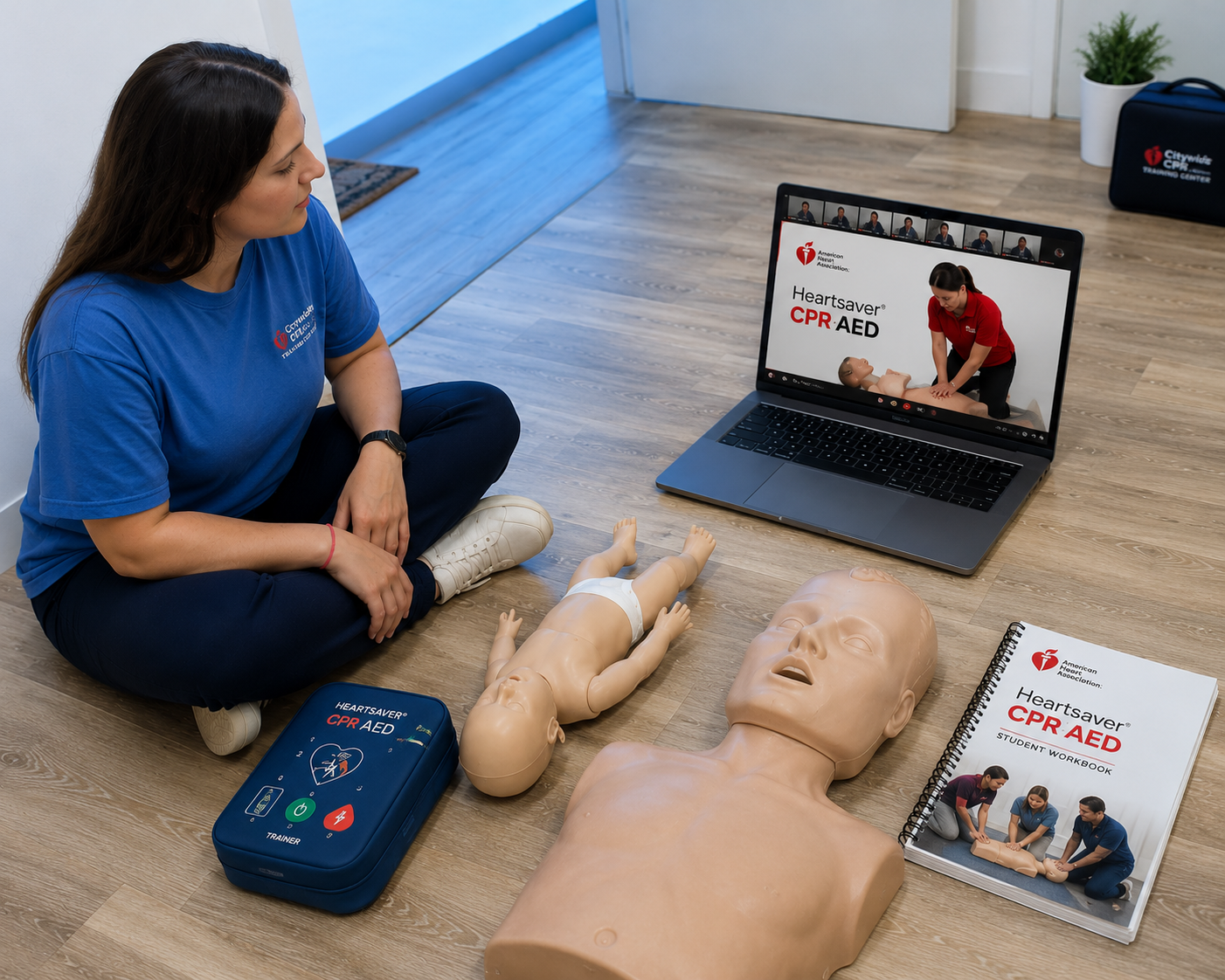 AHA Heartsaver CPR AED and First Aid CPR AED virtual training with adult and infant CPR manikins