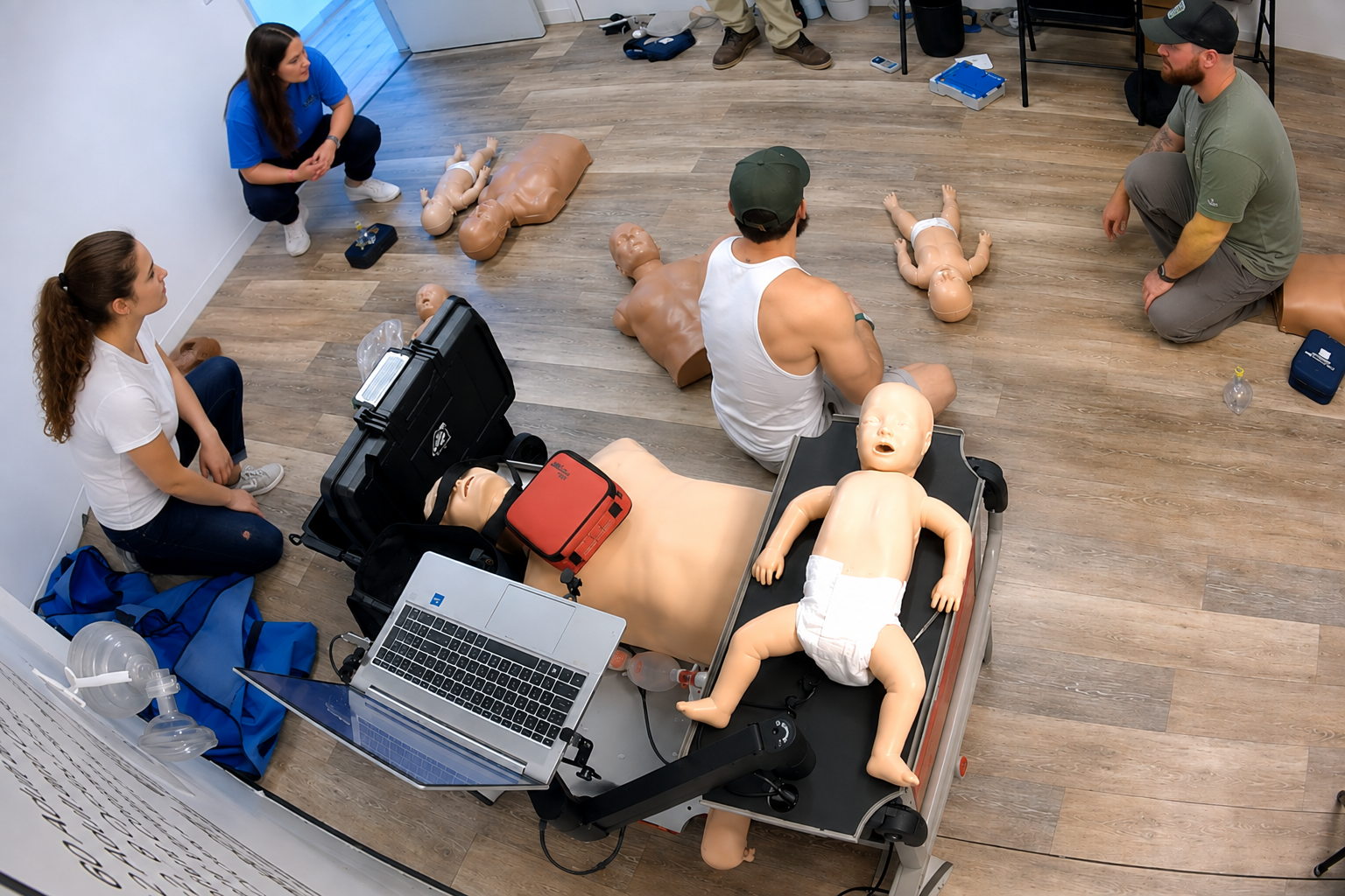 AHA Heartsaver CPR and First Aid class with adult, child and infant CPR manikins