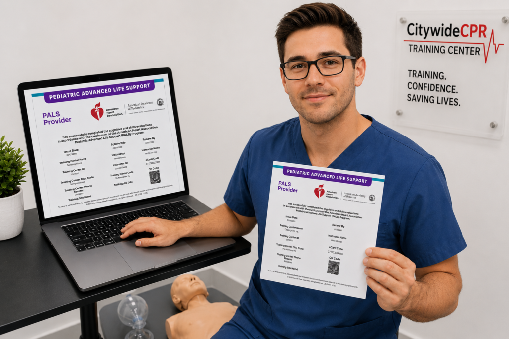 Healthcare professional with AHA PALS Provider eCard after completing PALS certification