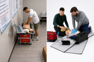 Healthcare professionals completing BLS, ACLS, and PALS skills using a Citywide CPR Verification Station and portable RQI-P GO system.