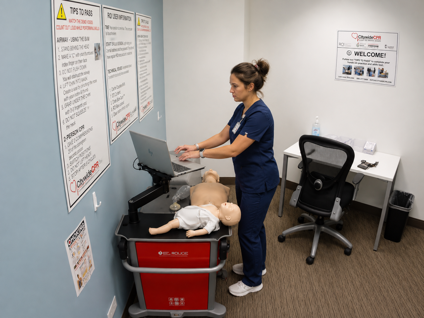 Healthcare professional performing CPR on an adult manikin during an American Heart Association BLS skills session.