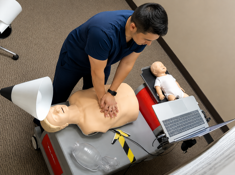 Healthcare professional performing CPR on an adult manikin during an American Heart Association BLS skills session.