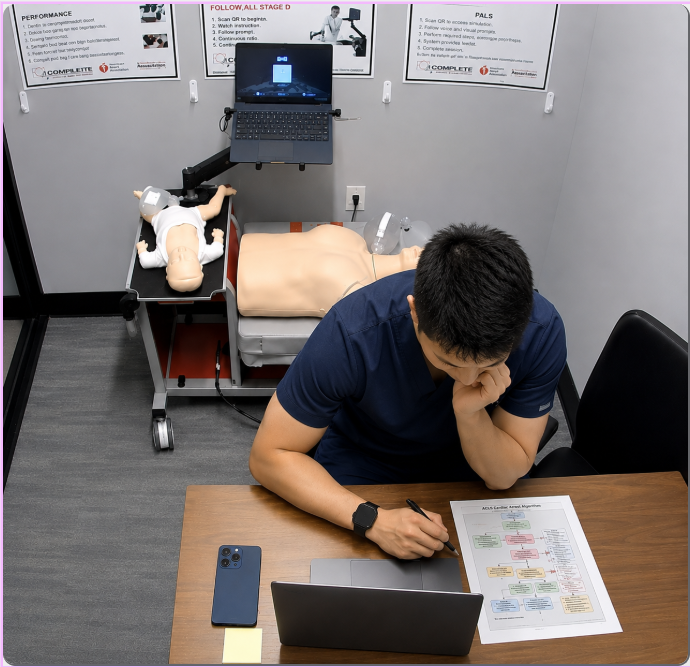 Healthcare professional completing an American Heart Association BLS skills session after finishing HeartCode BLS online coursework.