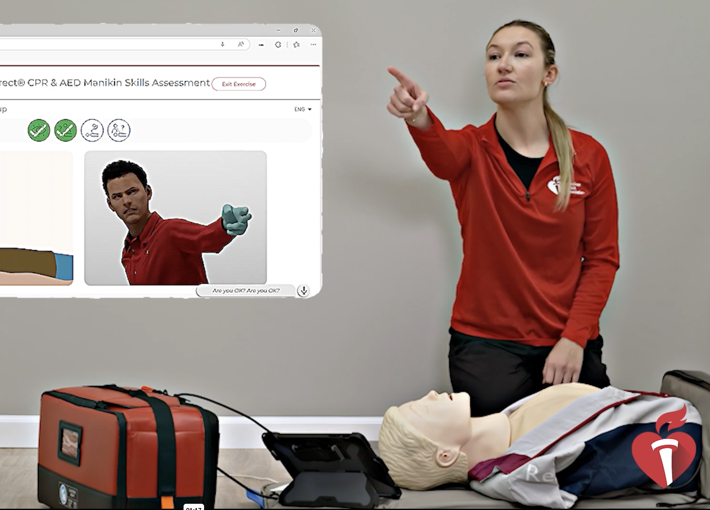 American Heart Association Heartsaver CPR AED portable training using a simulation station