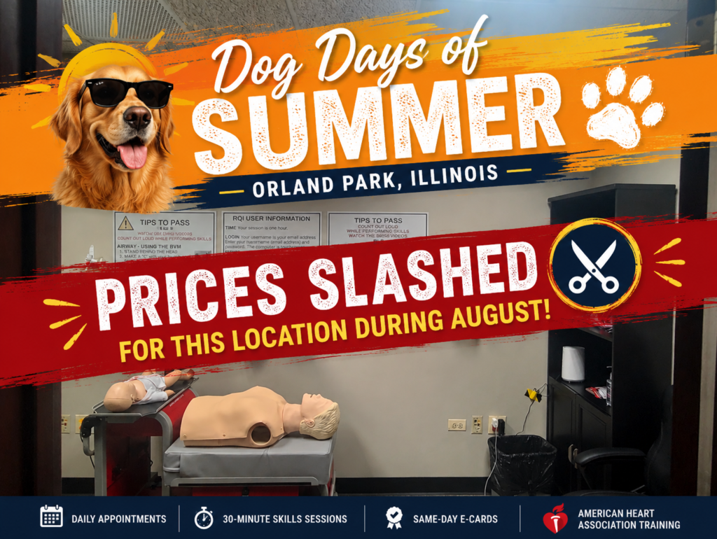 Dog Days of Summer sale banner promoting discounted American Heart Association BLS, ACLS, PALS, and CPR certification skills sessions at Citywide CPR in Orland Park, Illinois.