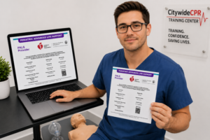 Healthcare professional completing a PALS Self-Guided Skills Session at a CPR Verification Station.