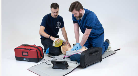 Portable RQI-P GO Simulation Station with CPR manikin and training equipment for onsite BLS, ACLS, and PALS skills training.
