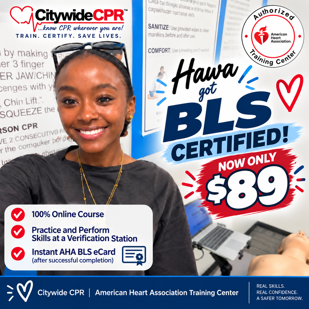 Customer completing AHA BLS Online and Skills certification $89 special at Citywide CPR