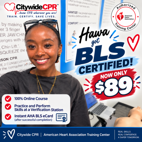 Citywide CPR customer promoting the $89 AHA BLS Online & Skills certification offer at a CPR Verification Station.