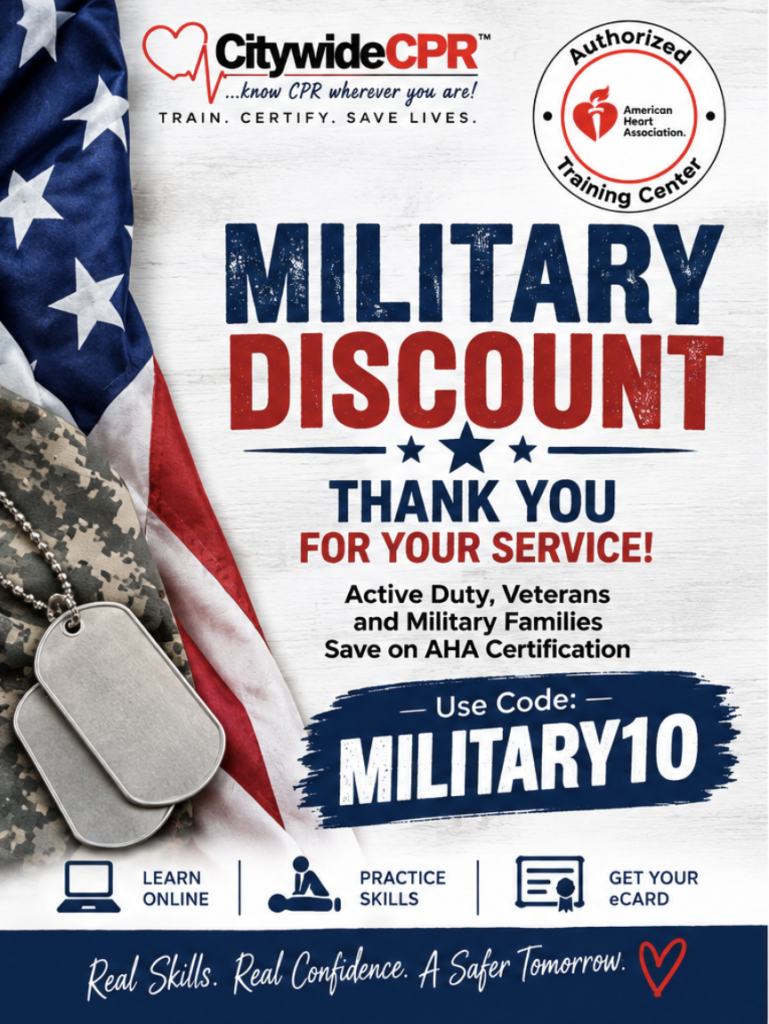 AHA CPR certification military discount save $10 with Citywide CPR promo code for active duty, veterans and military families at Citywide CPR