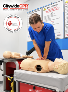 Healthcare professional practicing CPR during BLS and ACLS skills training at Citywide CPR.