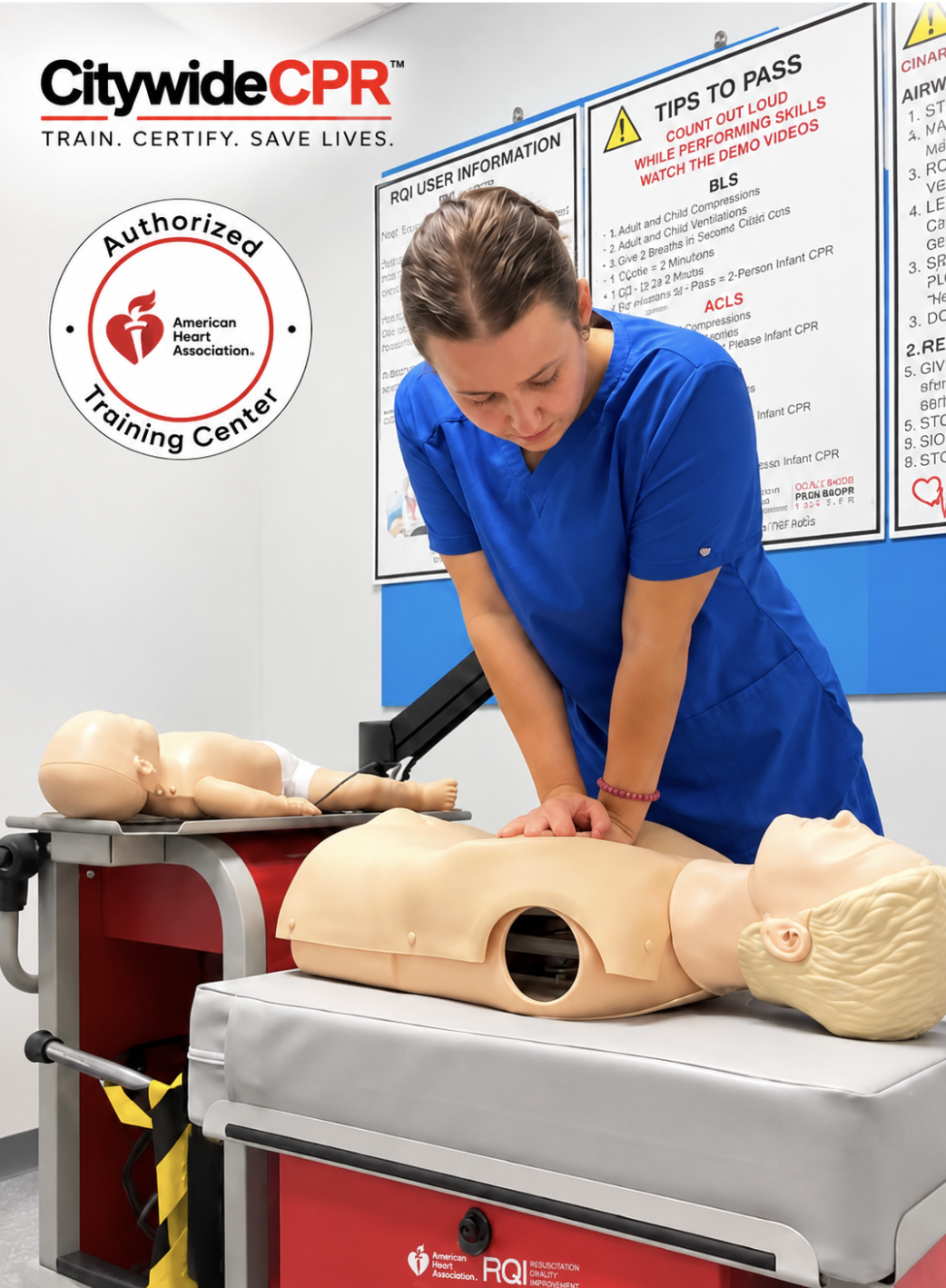 Healthcare professional practicing CPR during BLS and ACLS skills training at Citywide CPR.