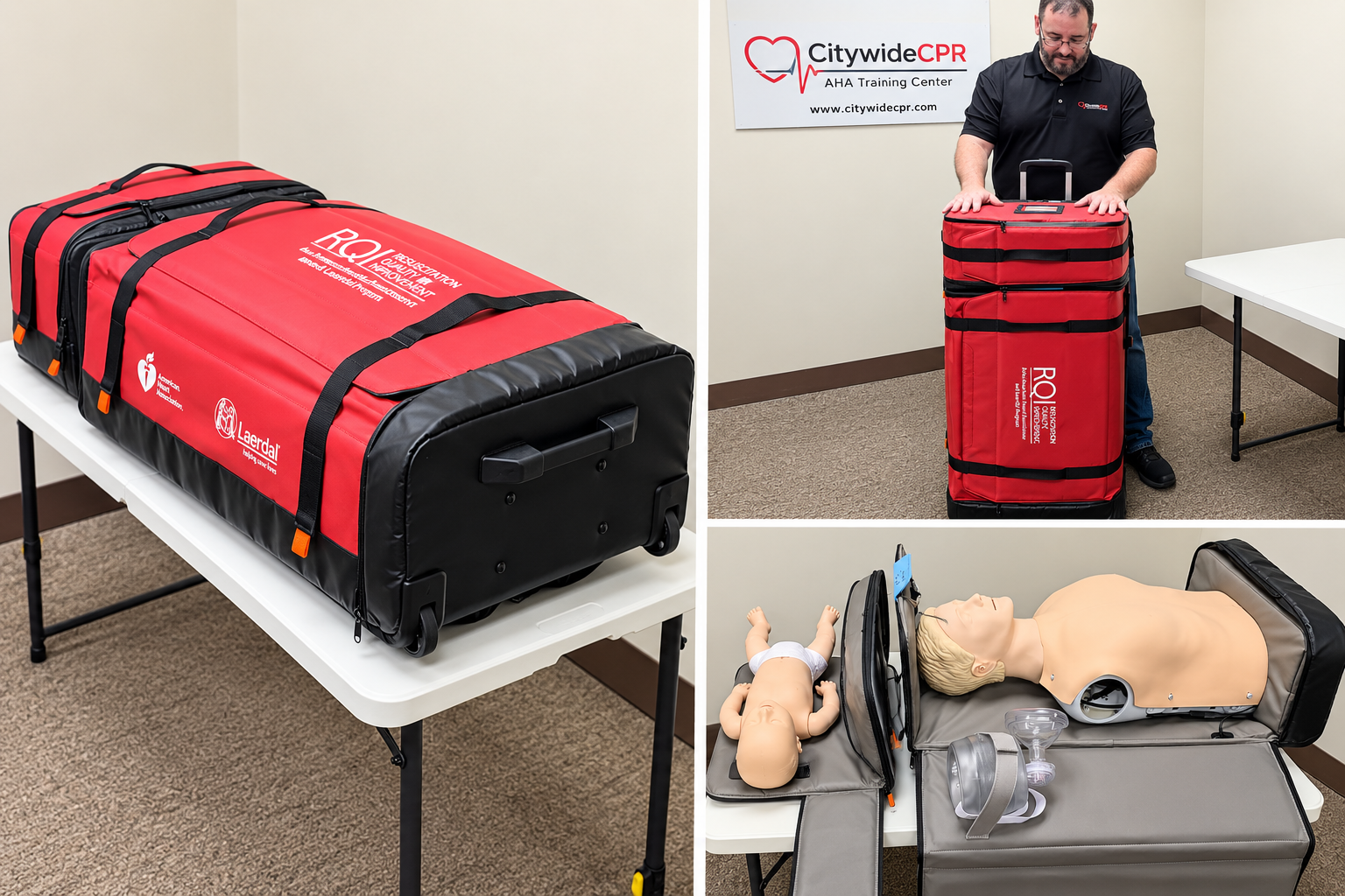 Portable RQI-P GO system packed, transported and set up for onsite CPR and BLS training