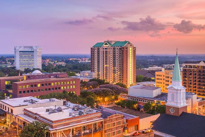 Downtown Tallahassee, Florida skyline with buildings and tree-lined streets.