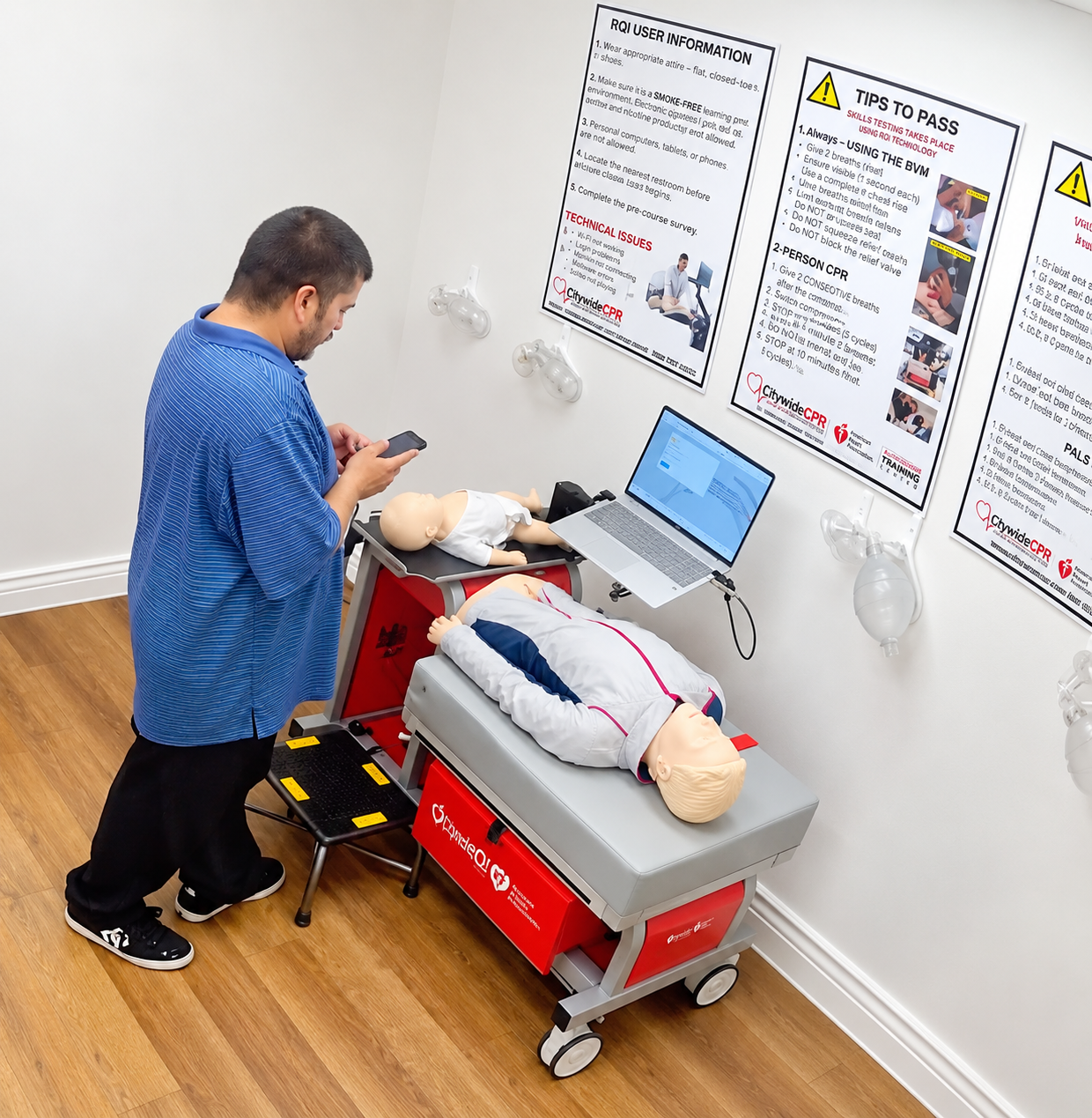 Customer completing an AHA BLS Self-Guided Skills Session at a Citywide CPR Verification Station.