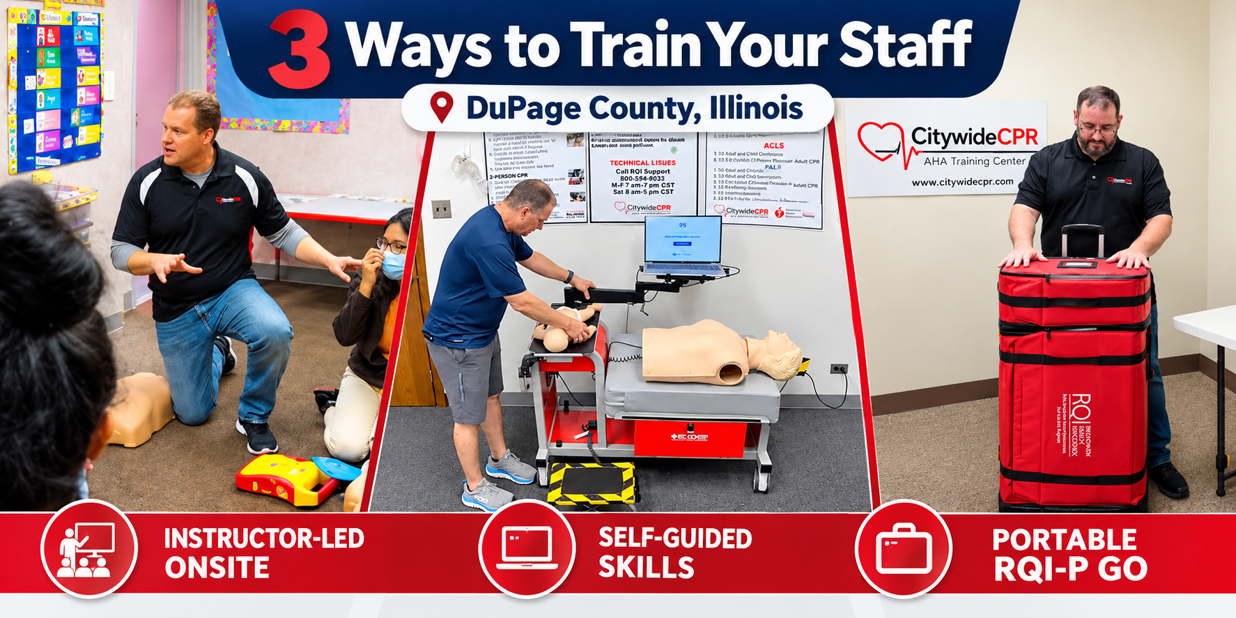 Citywide CPR instructor-led onsite CPR training, Self-Guided Skills Sessions and portable RQI-P GO equipment for DuPage County employers.