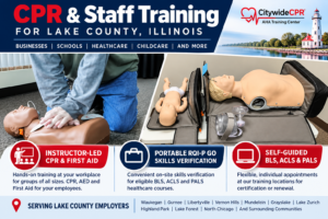 Citywide CPR instructor-led CPR training and portable RQI-P GO equipment, highlighting Self-Guided BLS, ACLS and PALS certification options in Lake County, Illinois.