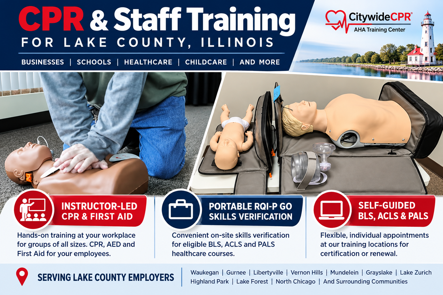 Citywide CPR instructor-led CPR training and portable RQI-P GO equipment, highlighting Self-Guided BLS, ACLS and PALS certification options in Lake County, Illinois.
