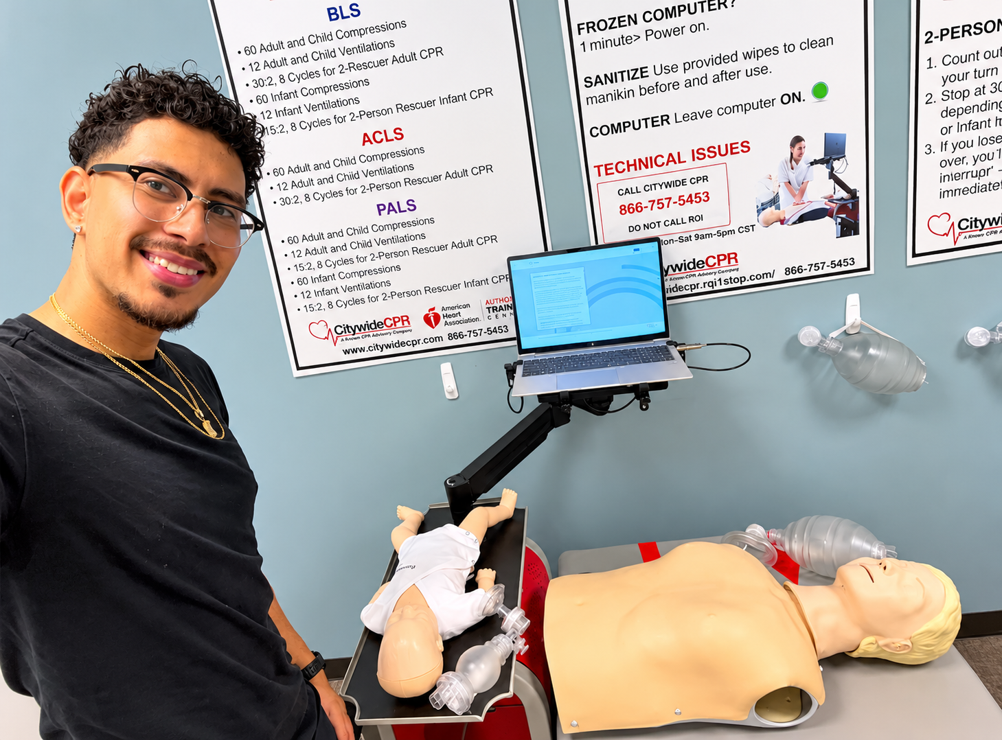 Citywide CPR self-guided BLS, ACLS and PALS training station in Pittsburgh, PA, featuring adult and infant CPR manikins and hands-on skills equipment.