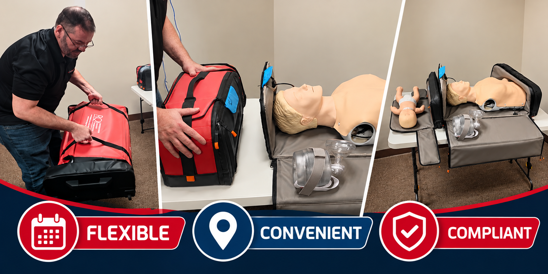 Citywide CPR portable RQI-P GO equipment being unpacked and set up with adult and infant CPR manikins for healthcare skills verification.